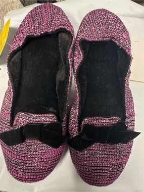 Dearfoams Woments Sparkle Pink Women's Ballet Flat Slippers with Velvet Bow New